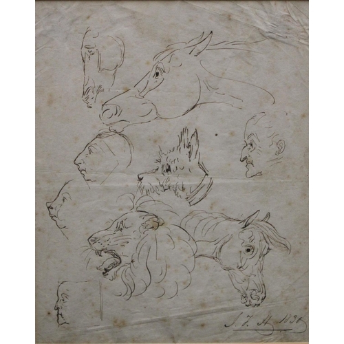 99 - J F Herring, after, sketches, lion, horses and dog heads, 22cm x 18cm;  others;  etc (3)