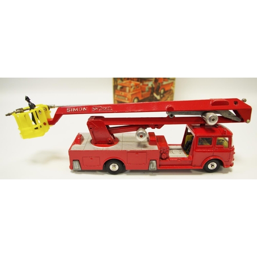 117 - Corgi 1127 Bedford Simon Snorkel Fire Engine - red, silver platforms, yellow plastic basket and inte... 