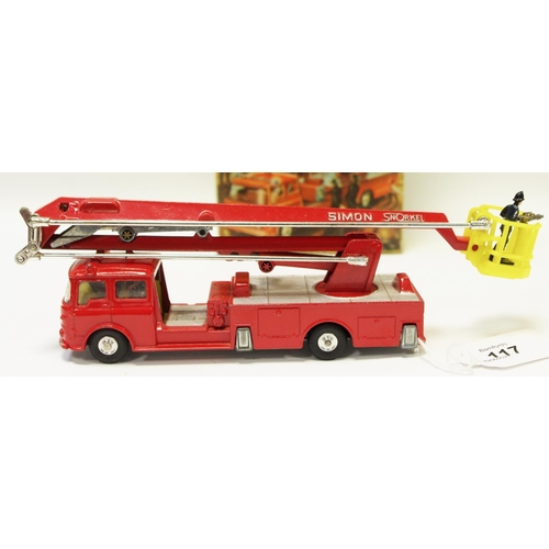 117 - Corgi 1127 Bedford Simon Snorkel Fire Engine - red, silver platforms, yellow plastic basket and inte... 