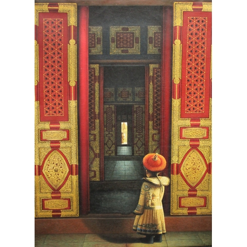 111 - Linxin, Chinese School Palace Interior with Child signed, oil on canvas, 102cm x 76cm, unframed