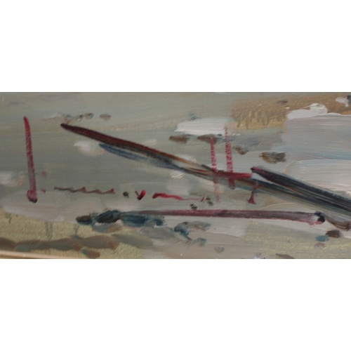 57 - English School (contemporary) Beached Fishing Boats indistinctly signed, oil on canvas, 61cm x 121cm