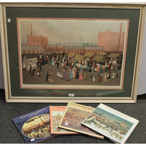 87 - Helen Bradley (1900 - 1979), by and after, Hollinwood Market, coloured print, 49.8cm x 70cm, signed ... 