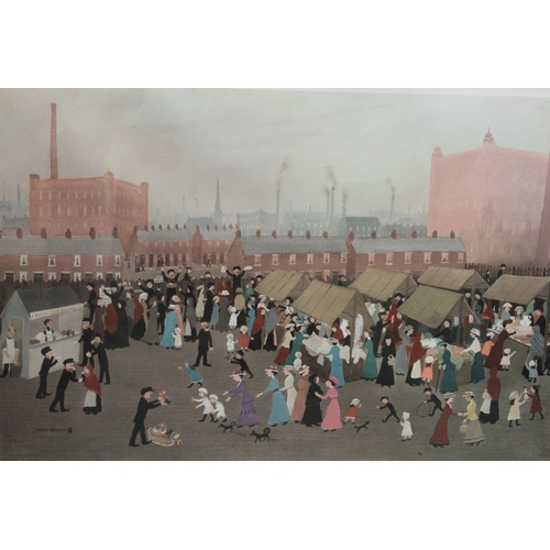 87 - Helen Bradley (1900 - 1979), by and after, Hollinwood Market, coloured print, 49.8cm x 70cm, signed ... 