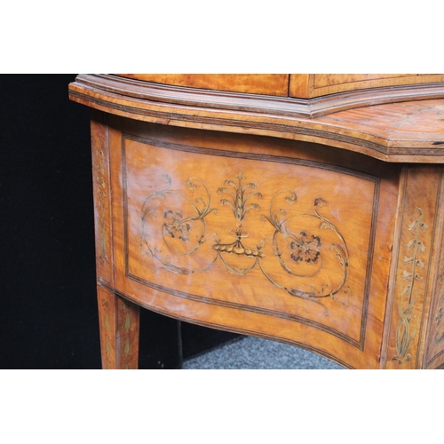 103 - A Sheraton Revival satinwood and marquetry serpentine display cabinet, break-arch pediment above a p... 