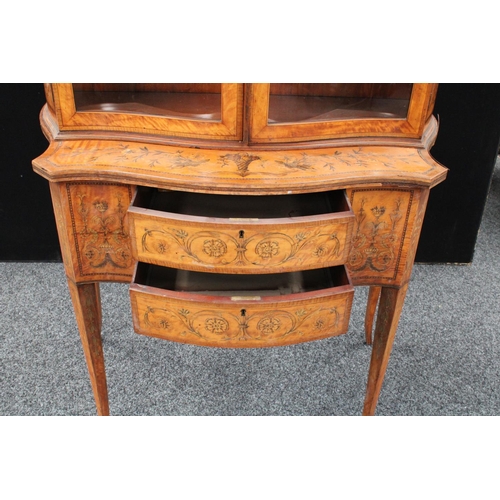 103 - A Sheraton Revival satinwood and marquetry serpentine display cabinet, break-arch pediment above a p... 