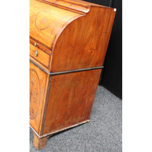 107 - A Neo-Classical mahogany crossbanded satinwood cylinder bureau, concave frieze with a pair of drawer... 