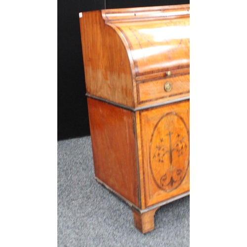 107 - A Neo-Classical mahogany crossbanded satinwood cylinder bureau, concave frieze with a pair of drawer... 