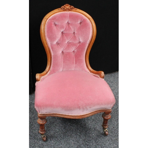 108 - A 'Victorian' oak framed spoonback nursing/boudoir chair; an occasional table (2)