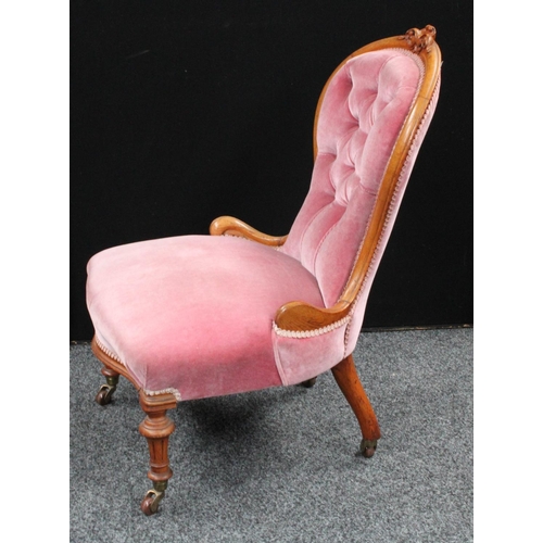 108 - A 'Victorian' oak framed spoonback nursing/boudoir chair; an occasional table (2)