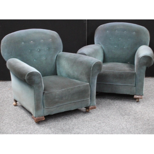 110 - A pair of early-mid 20th century armchairs, shallow button back, scroll arms (2)