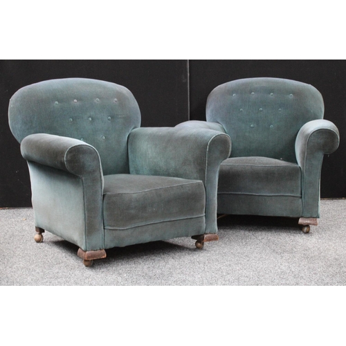 110 - A pair of early-mid 20th century armchairs, shallow button back, scroll arms (2)