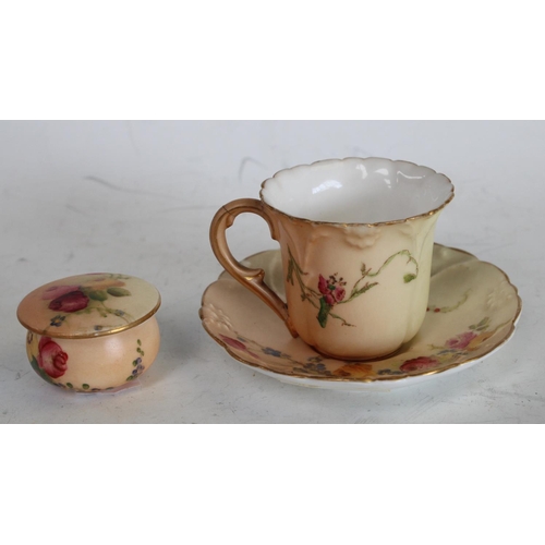 116 - A Royal Worcester blush ivory miniature cup and saucer, similar pill box (3)