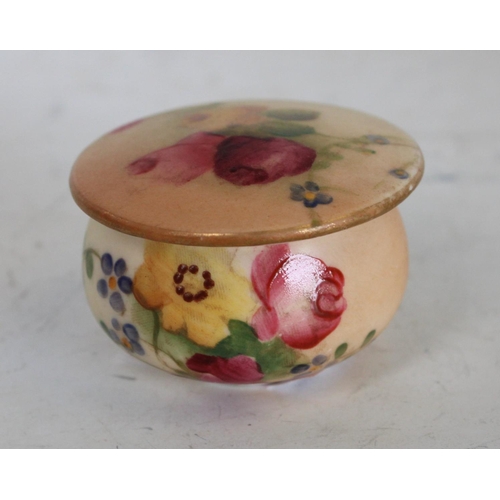 116 - A Royal Worcester blush ivory miniature cup and saucer, similar pill box (3)