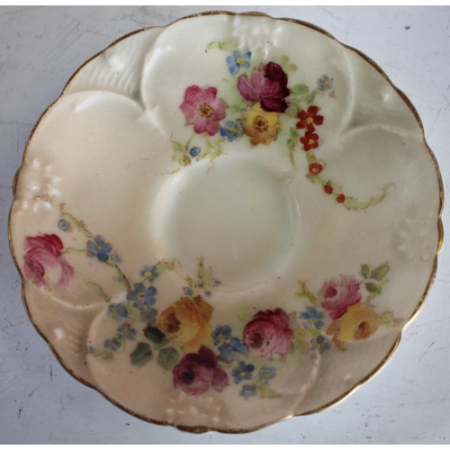 116 - A Royal Worcester blush ivory miniature cup and saucer, similar pill box (3)