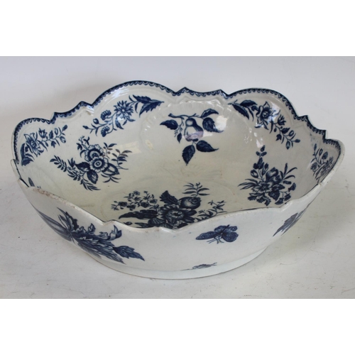 120 - A Worcester Pomegranate pattern shell moulded junket bowl, printed in blue with pine cones, peonies ... 