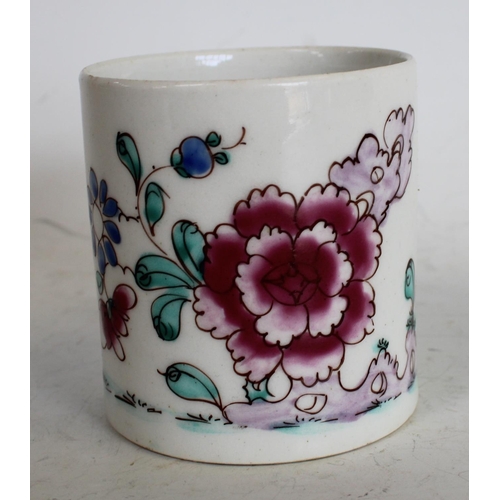 124 - A Bow coffee can,  painted in Famille Rose palette with peony and with trailing flowers and holed ro... 