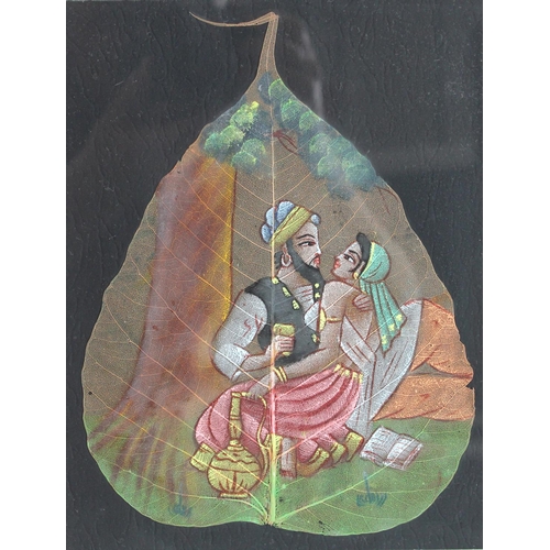 132 - Pictures - a collection of leaf paintings, elephants, birds on branches, cavorting couple etc 24cm x... 