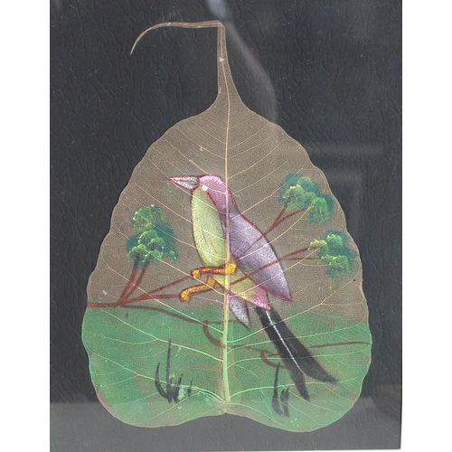 132 - Pictures - a collection of leaf paintings, elephants, birds on branches, cavorting couple etc 24cm x... 
