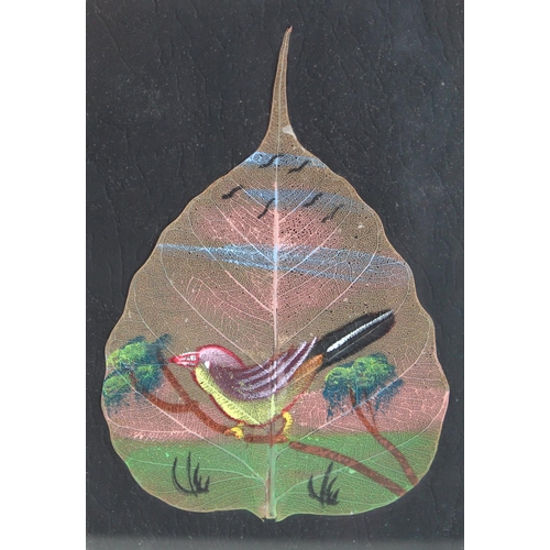 132 - Pictures - a collection of leaf paintings, elephants, birds on branches, cavorting couple etc 24cm x... 