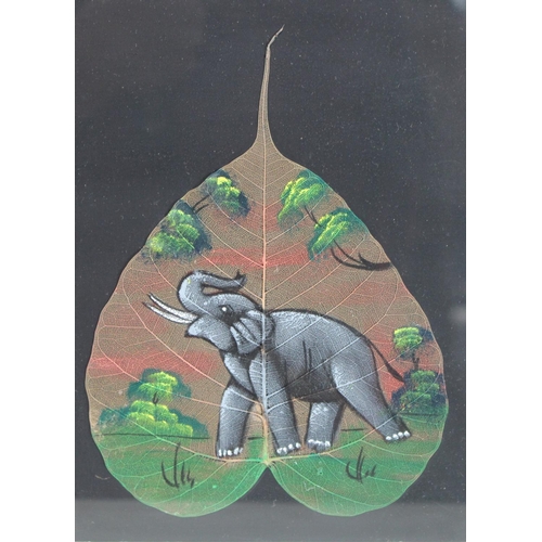 132 - Pictures - a collection of leaf paintings, elephants, birds on branches, cavorting couple etc 24cm x... 