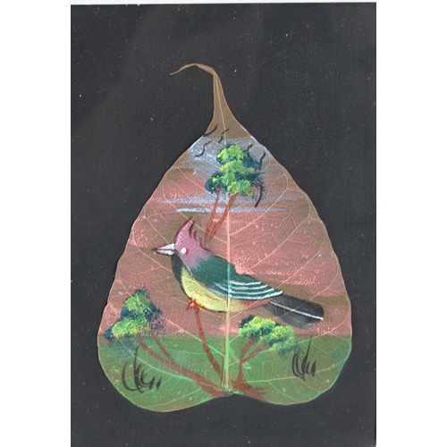 132 - Pictures - a collection of leaf paintings, elephants, birds on branches, cavorting couple etc 24cm x... 