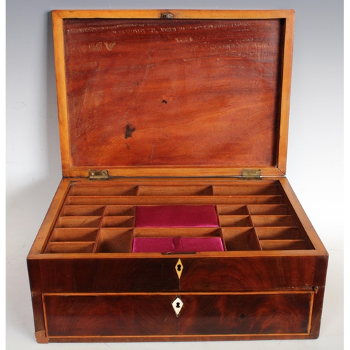 144 - A George III mahogany rectangular work box, hinged cover enclosing an arrangement of compartments, d... 