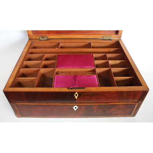 144 - A George III mahogany rectangular work box, hinged cover enclosing an arrangement of compartments, d... 