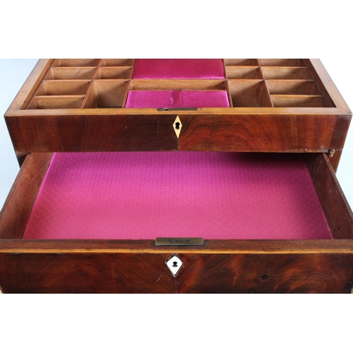 144 - A George III mahogany rectangular work box, hinged cover enclosing an arrangement of compartments, d... 