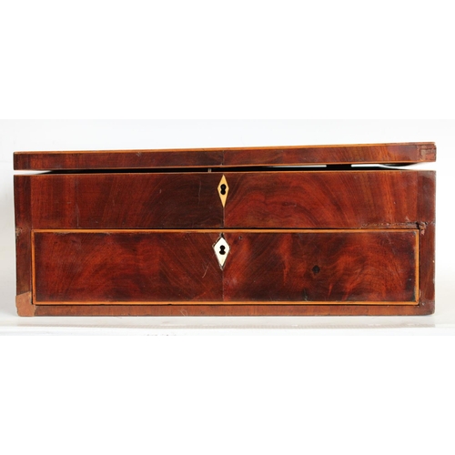 144 - A George III mahogany rectangular work box, hinged cover enclosing an arrangement of compartments, d... 