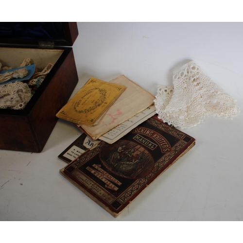 145 - A Victorian walnut rectangular work box, fitted interior enclosing a collection of conforming appurt... 