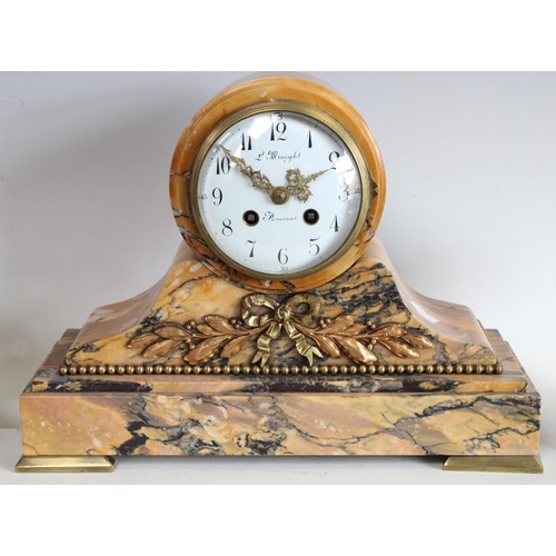148 - A 19th century Neoclassical Revival gilt-metal mounted Sienna Marble mantel clock garniture, the dru... 