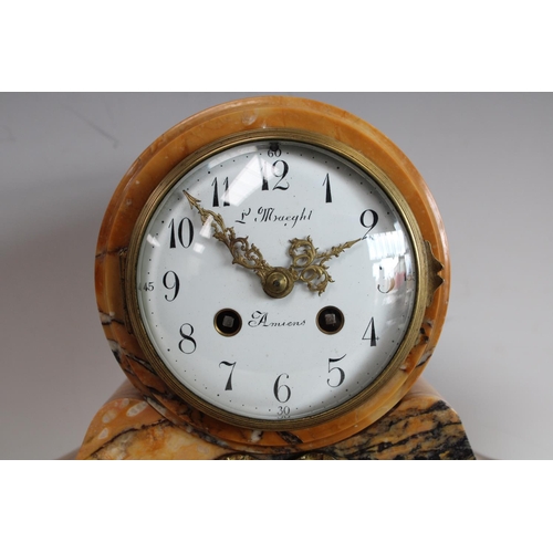 148 - A 19th century Neoclassical Revival gilt-metal mounted Sienna Marble mantel clock garniture, the dru... 