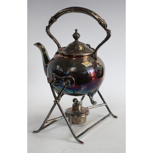 150 - Metalware - a brass five branch altar candelabrum; EPNS spirit kettle; an Edwardian squat biscuit ja... 
