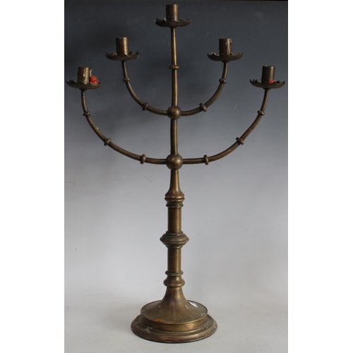 150 - Metalware - a brass five branch altar candelabrum; EPNS spirit kettle; an Edwardian squat biscuit ja... 
