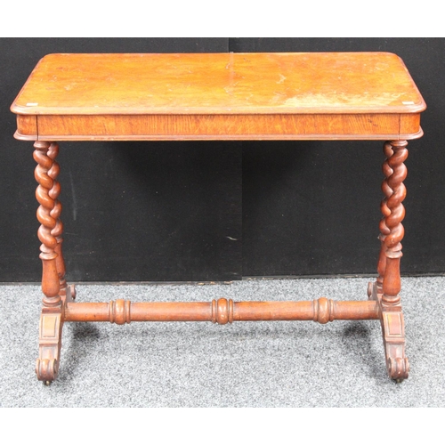 157 - A Victorian oak centre table, rounded rectangular top above a shallow frieze drawer, spirally turned... 
