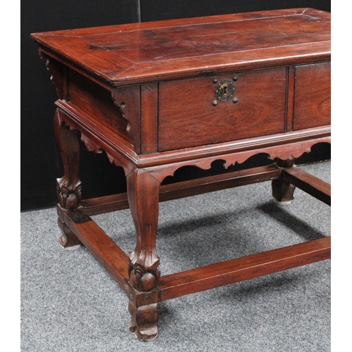 160 - A substantial Chinese hardwood centre table, rectangular panel top above a pair of deep drawers, sha... 