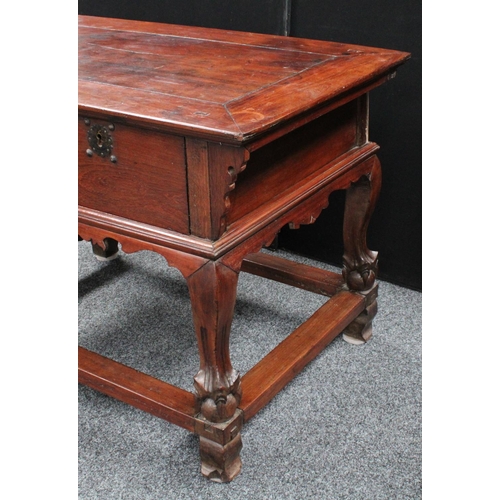 160 - A substantial Chinese hardwood centre table, rectangular panel top above a pair of deep drawers, sha... 
