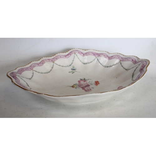 168 - A Derby navette shaped porcelain dish painted with a bouquet of summer flowers; a Derby egg stand c.... 