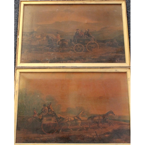 188 - A pair of 19th century oleographs, Coaching in the Scottish Highlands, gilt frames