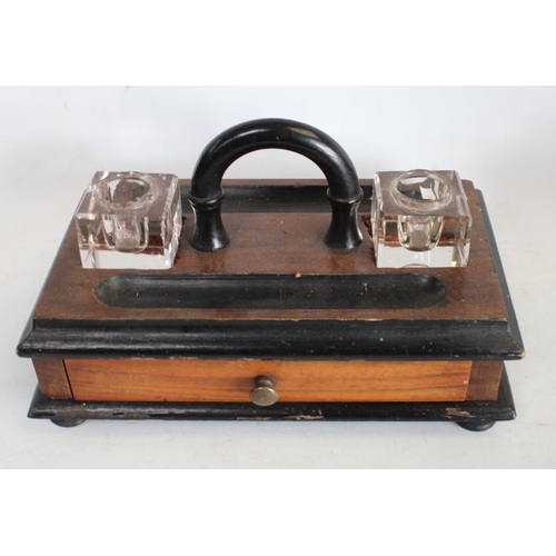 194 - A Victorian walnut and ebonised inkstand, c.1890; others: a Victorian walnut and parquetry tea caddy... 