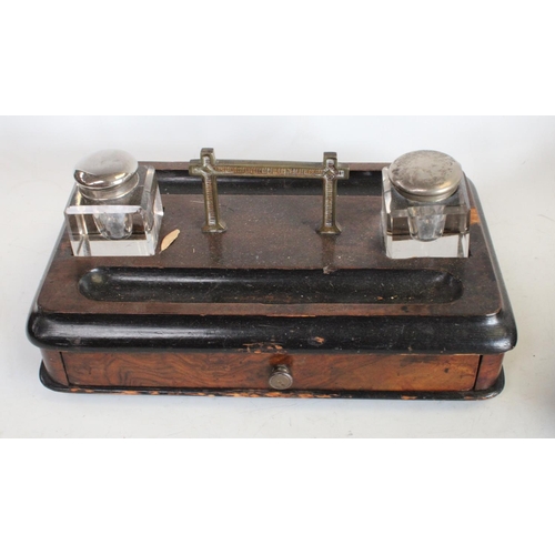 194 - A Victorian walnut and ebonised inkstand, c.1890; others: a Victorian walnut and parquetry tea caddy... 
