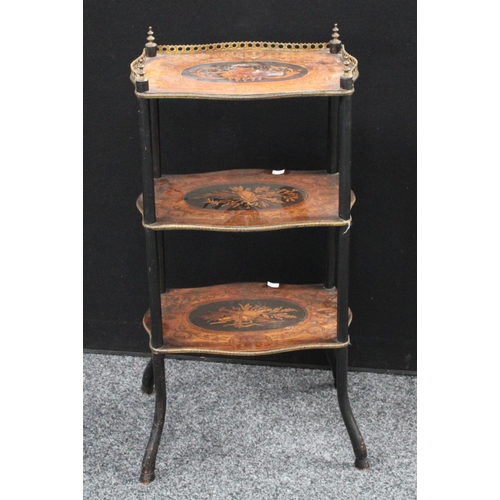 205 - A Louis XVI style marquetry three-tier etagere, 81cm high