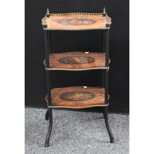 205 - A Louis XVI style marquetry three-tier etagere, 81cm high