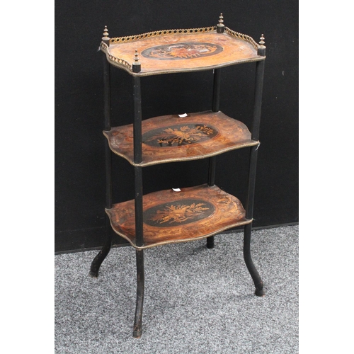 205 - A Louis XVI style marquetry three-tier etagere, 81cm high