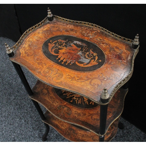 205 - A Louis XVI style marquetry three-tier etagere, 81cm high