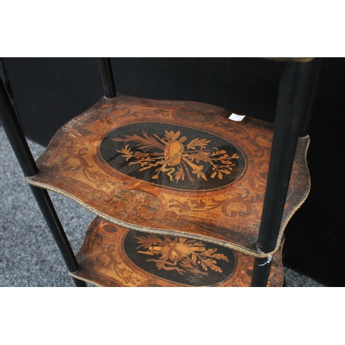 205 - A Louis XVI style marquetry three-tier etagere, 81cm high