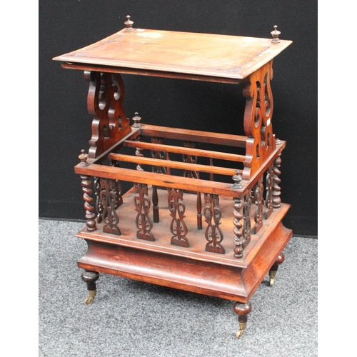 206 - A Victorian rosewood Canterbury whatnot, rectangular top with scrolling foliate end supports, the co... 