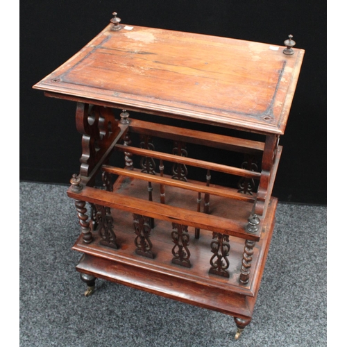 206 - A Victorian rosewood Canterbury whatnot, rectangular top with scrolling foliate end supports, the co... 