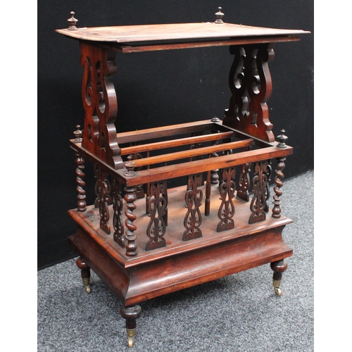 206 - A Victorian rosewood Canterbury whatnot, rectangular top with scrolling foliate end supports, the co... 