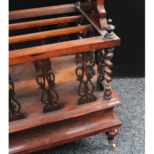 206 - A Victorian rosewood Canterbury whatnot, rectangular top with scrolling foliate end supports, the co... 